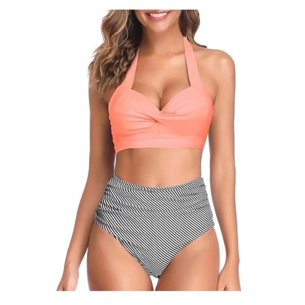 Tempt Me Women Vintage Swimsuit Two Piece Retro Halter Size M. f73
